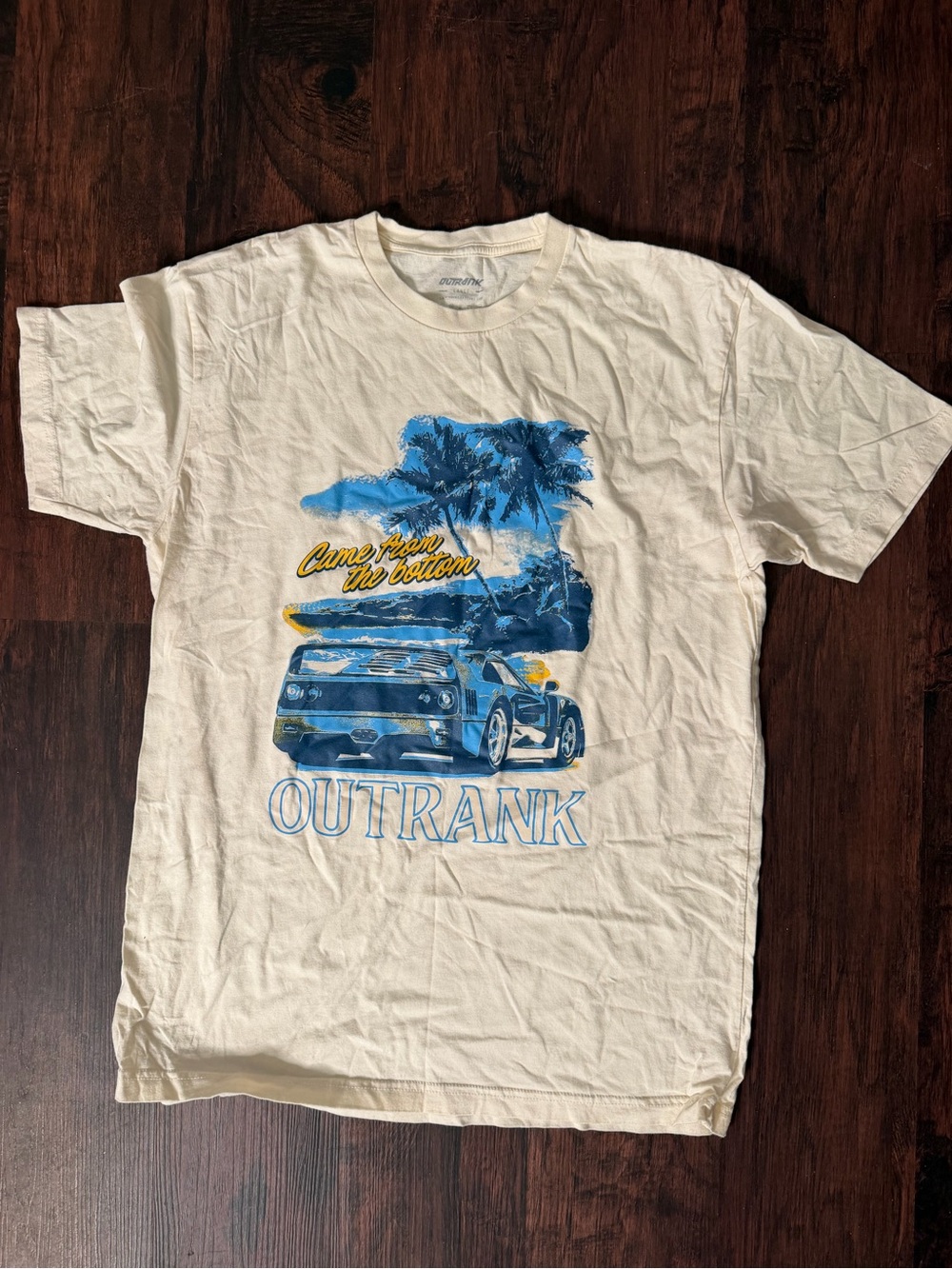 Men's Cream Graphic Tee with Blue Palm and Car Print